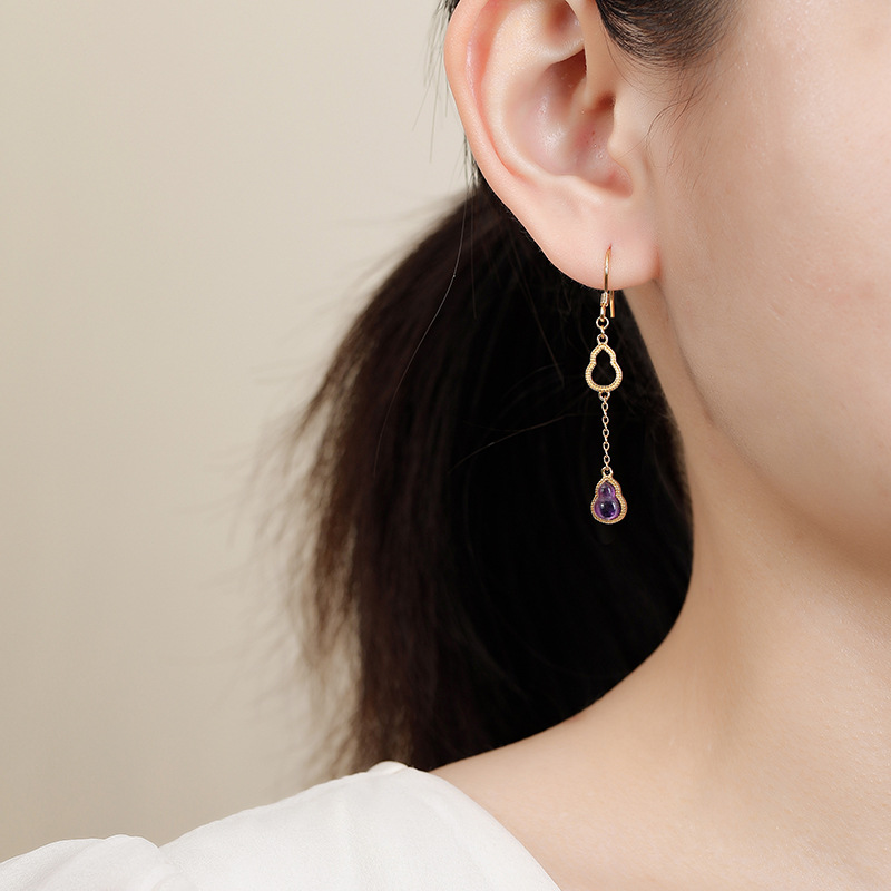 February birthstone earrings with gourd-shaped amethyst