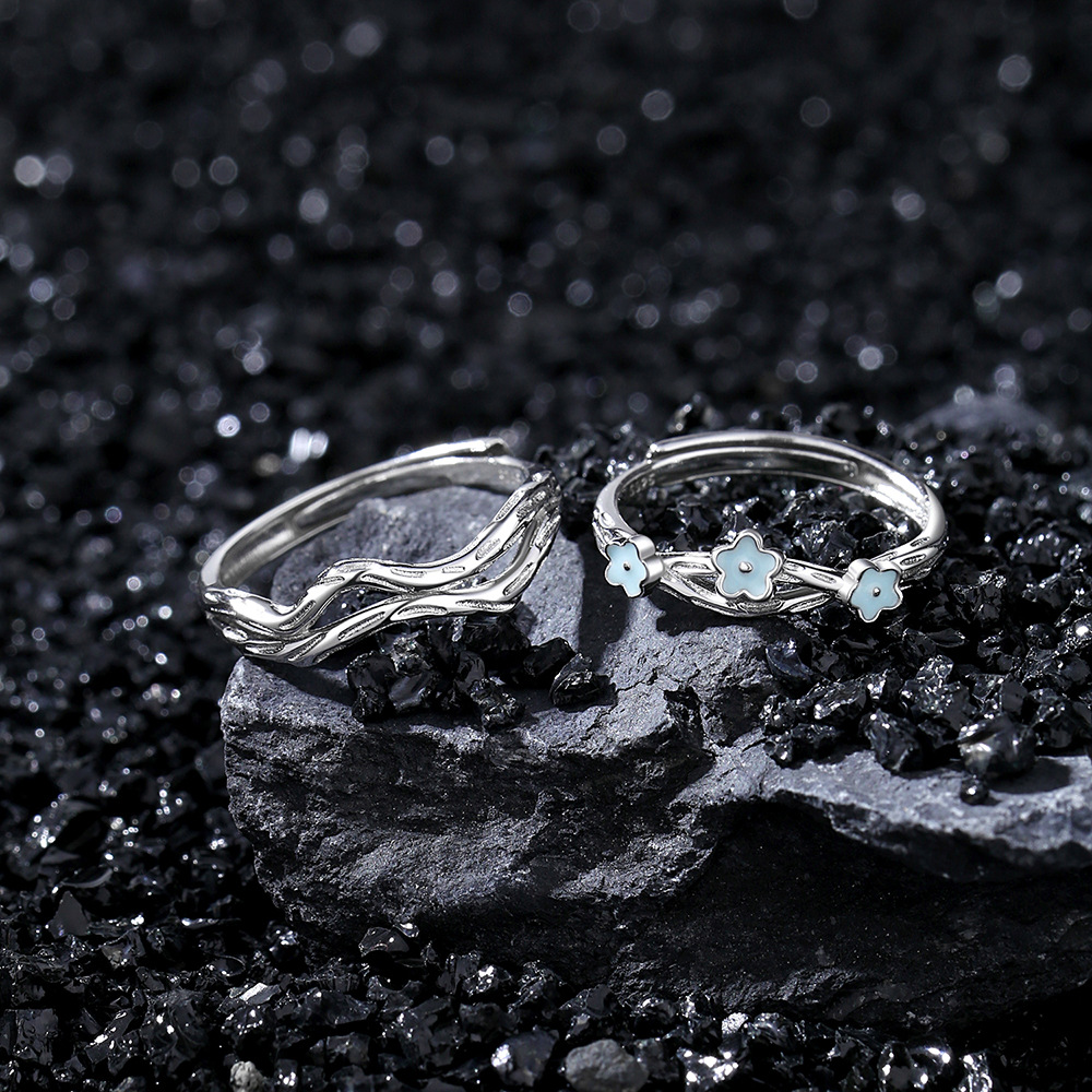 Fluorescent Couple Ring – S925 Silver Adjustable Wave Branch Design