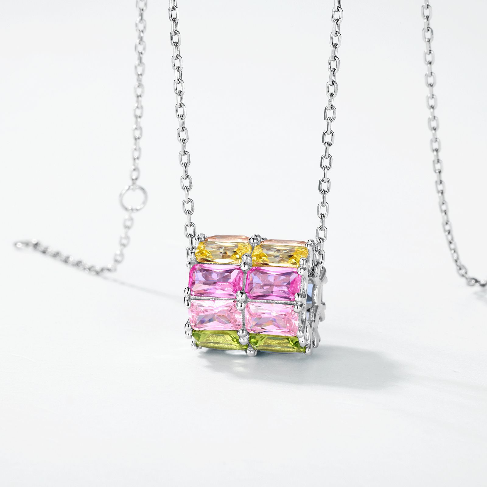 Personalized Jewelry – S925 Sterling Silver Geometric Rainbow CZ Pendant Necklace for Women