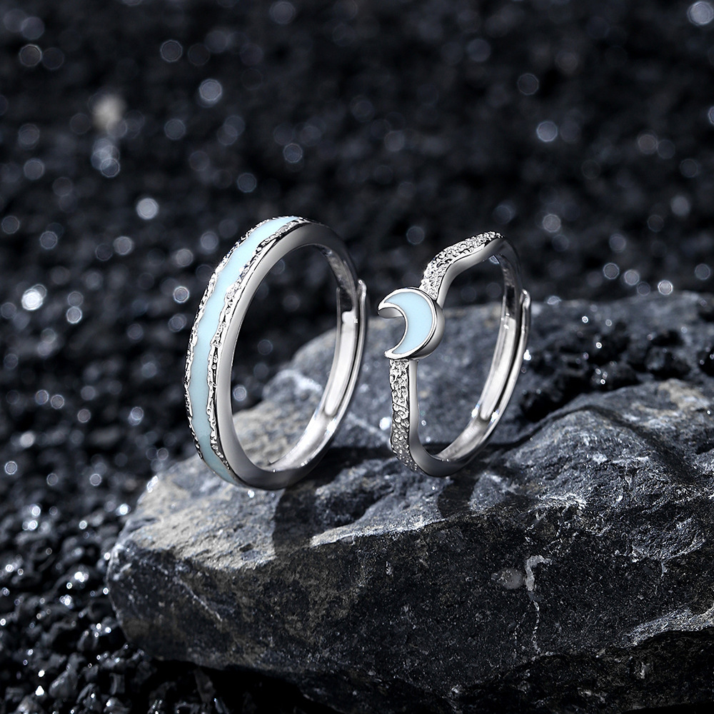 Glow in the Dark Couple Rings – Moon & Galaxy Design in S925 Silver