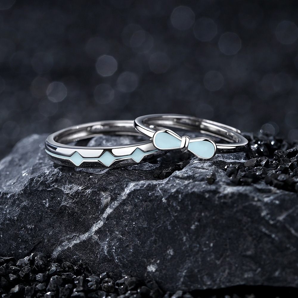 Glow in the Dark Couple Rings – S925 Silver Bow & Diamond Design Set