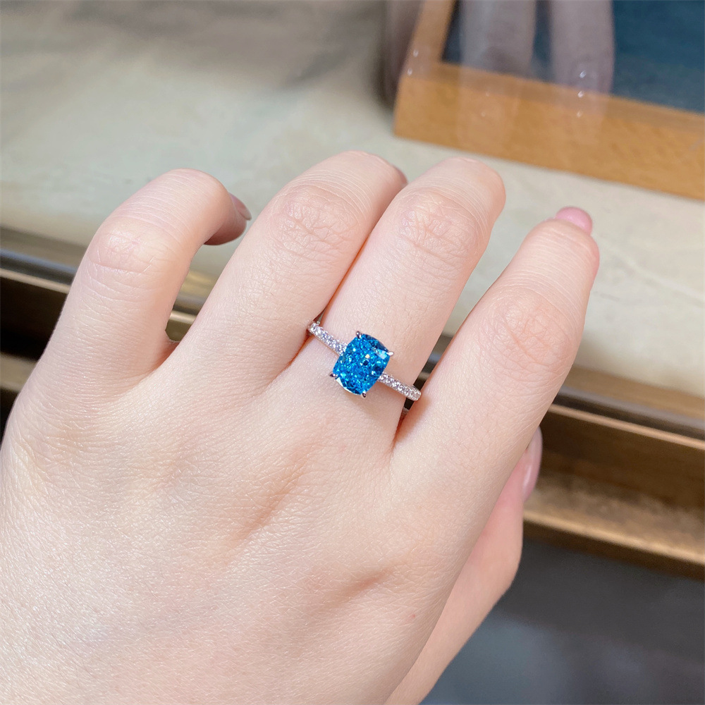 Radiant-Cut Aquamarine Ring with St. Maria Blue Tone & CZ in S925 Silver – March Birthstone