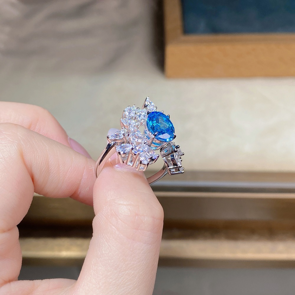 Adjustable Floral Aquamarine & Sapphire Open Ring in S925 Sterling Silver – March Birthstone Jewelry