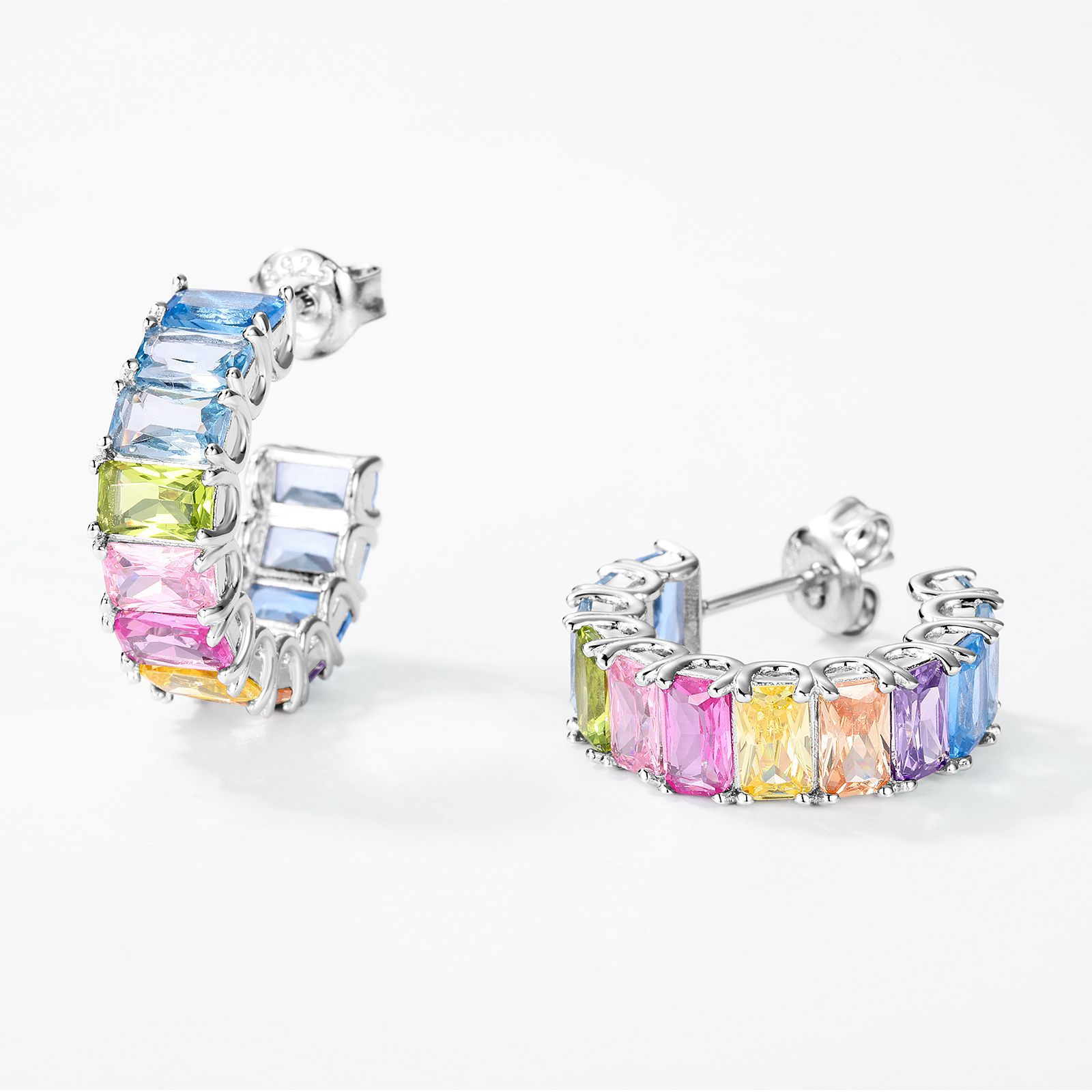 S925 Sterling Silver Rainbow CZ Hoop Earrings | Personalized Jewelry for Women