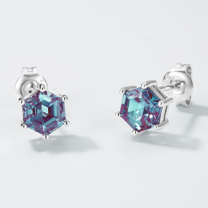 Hexagon Alexandrite Stud Earrings | S925 Sterling Silver Color‑Change Gem – June Birthstone