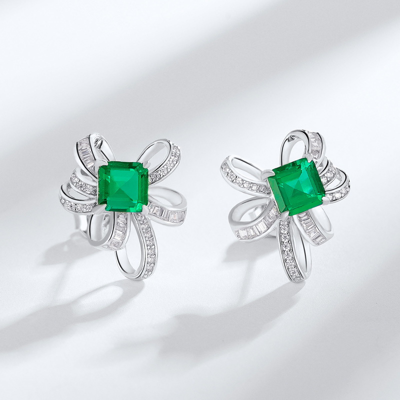 Emerald Ear Studs – Elegant Bow Knot Design in S925 Silver | BlingKu