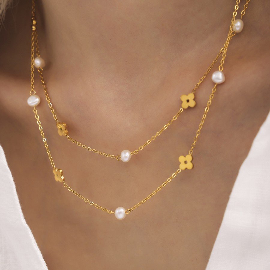 Floral Pearl Chain Necklace Set | 18K Gold Personalized Jewelry for Women