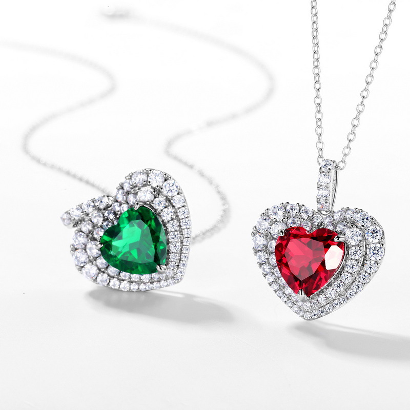 Women’s July Birthstone Necklace – S925 Silver Heart Pendant with Lab-Created Ruby