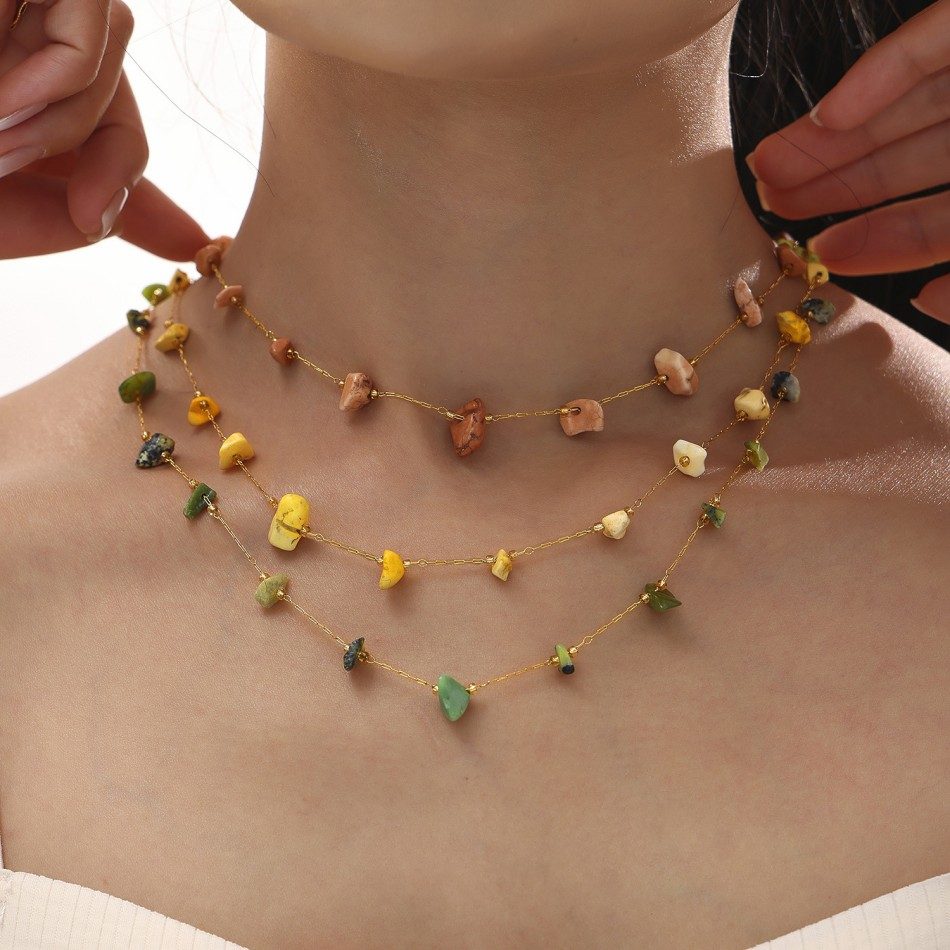 Dainty Layered Necklace with Colorful Natural Stones – Candy Tones