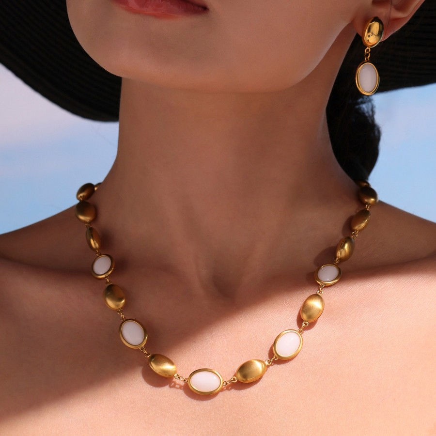 Gold Layered Necklace Set with Natural Oval Opal – 18K Stainless Steel Jewelry