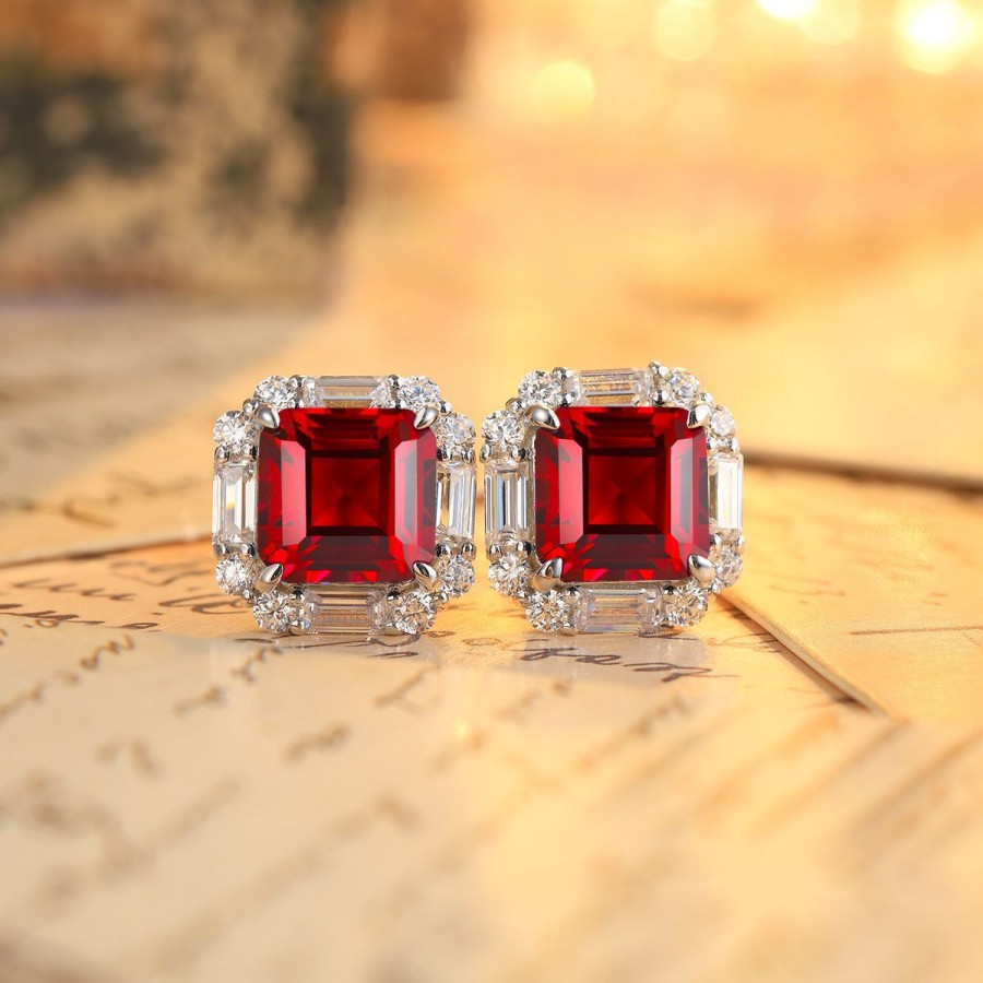 Dainty Ruby Stud Earrings – Square Lab Ruby in 925 Sterling Silver