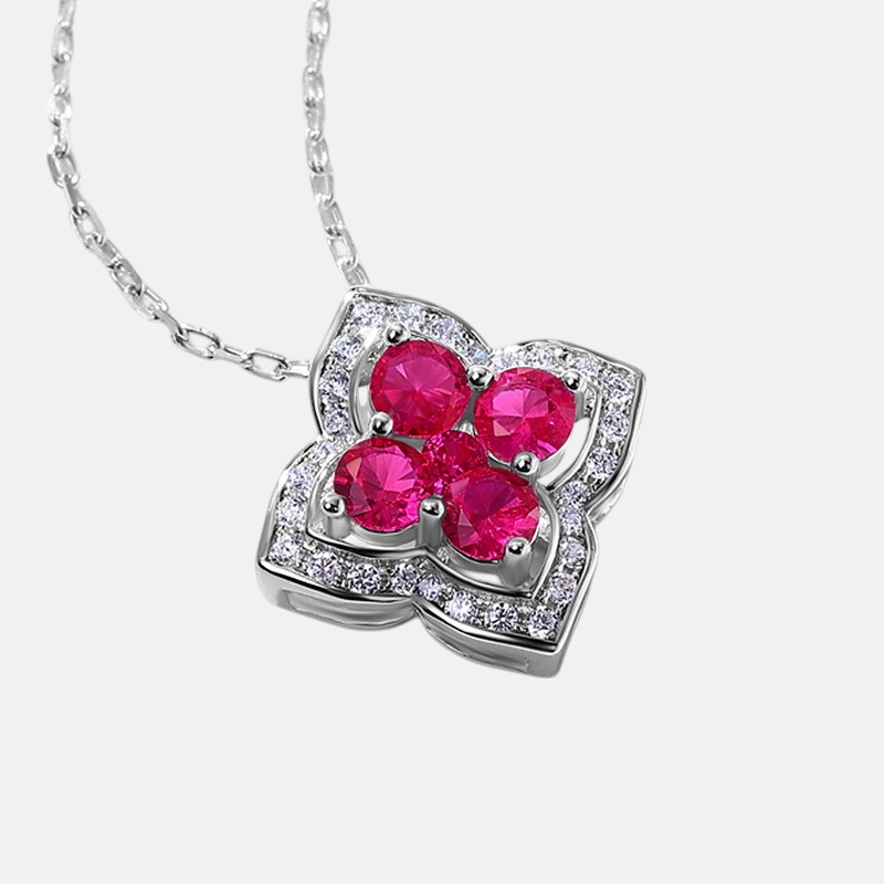 Sterling Silver Ruby Necklace – Four-Leaf Clover Floral Pendant for Women