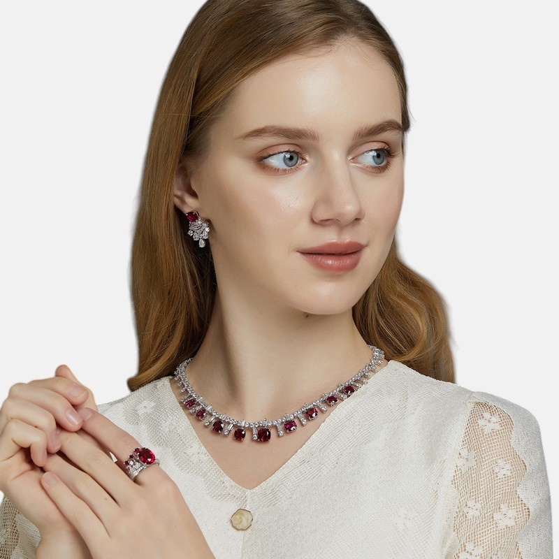 Elegant Ruby Jewelry – Bold Lab Gem Statement Necklace in S925 Silver