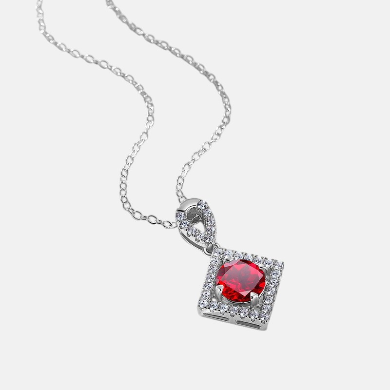 Elegant Ruby Jewelry – Geometric Square Pendant with Moissanite in S925 Silver
