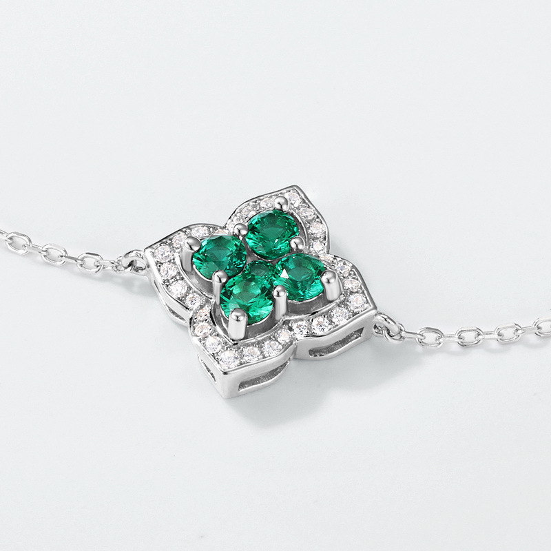 lab-grown emerald four-leaf clover birthstone bracelet S925 silver