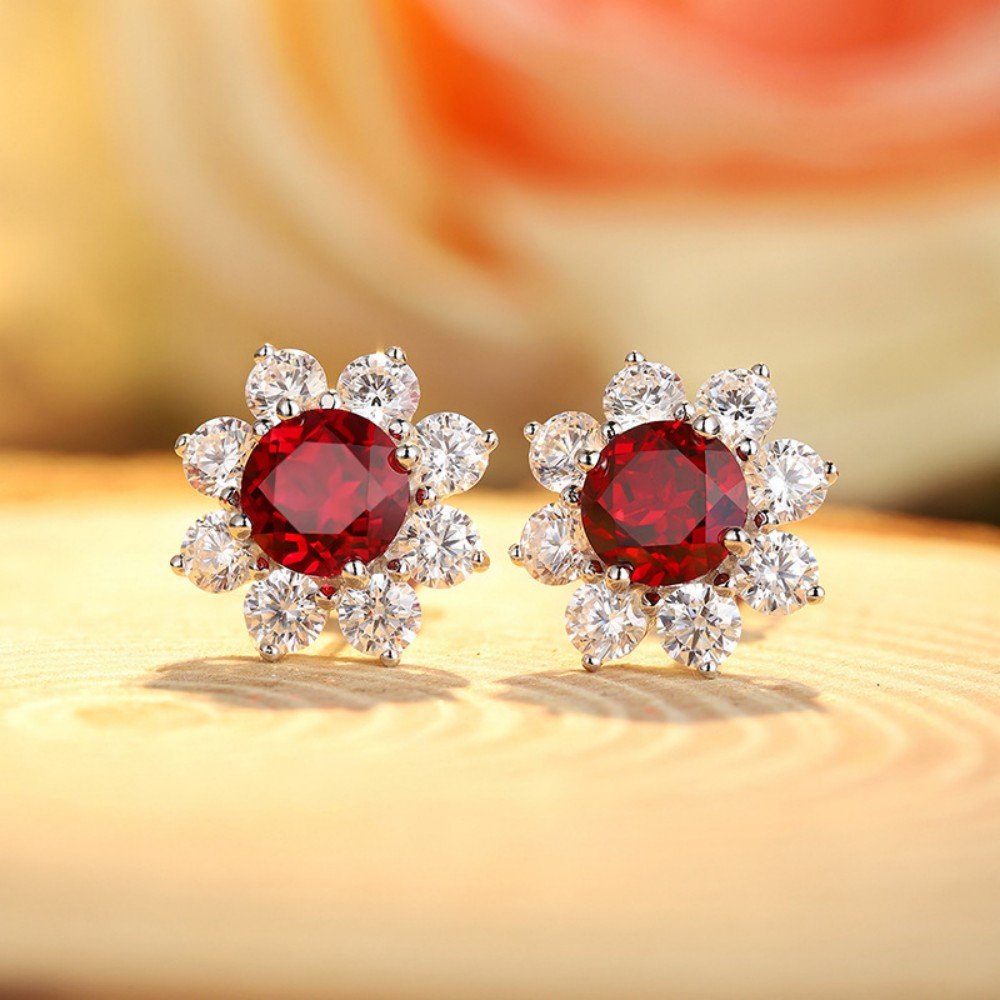 Natural Ruby Stud Earrings – Lab Ruby Sunflower Design in S925 Silver