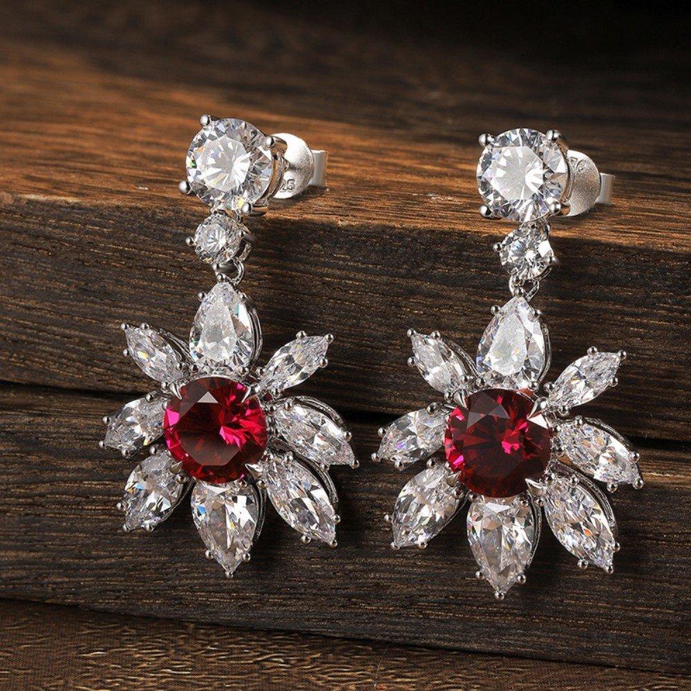 Ruby Flower Stud Earrings – Round Lab-Created Rubies in 925 Sterling Silver