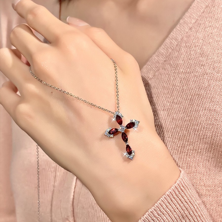 Silver Cross Pendant – S925 Crystal Hip-Hop Necklace with Gemstone Variants