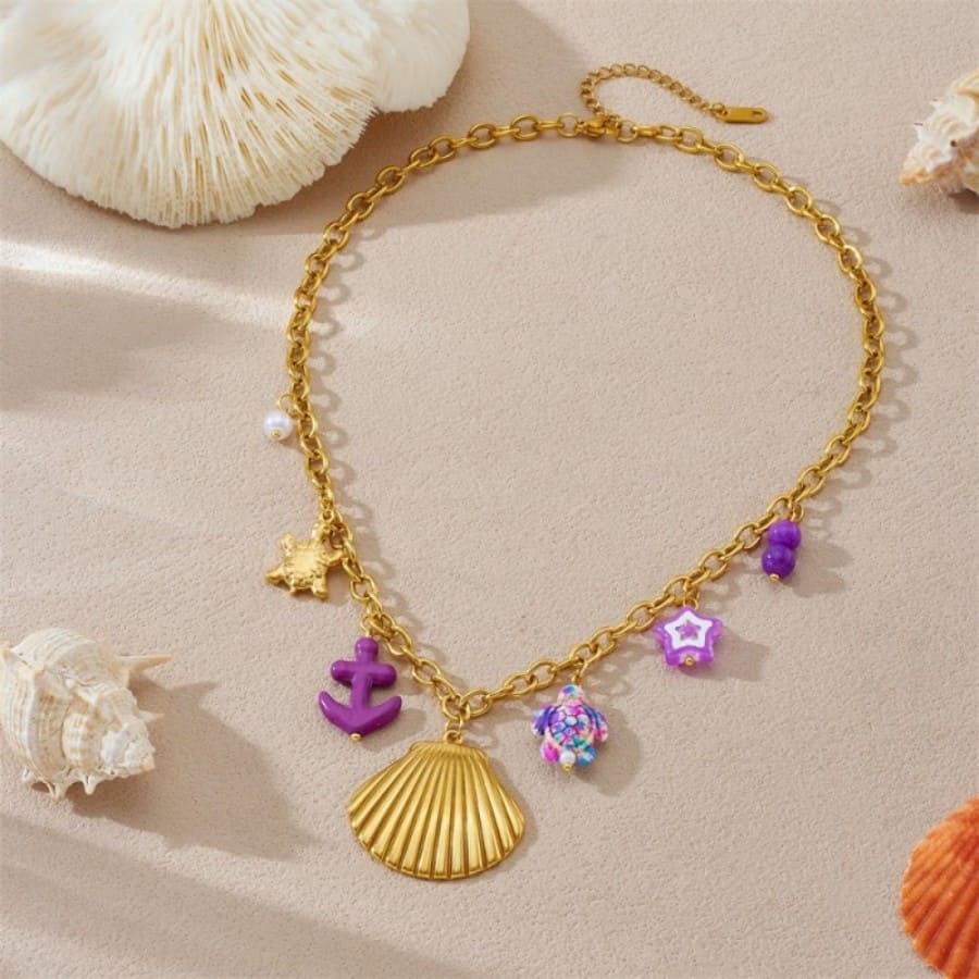 Shell Layered Necklace – Gold Stainless Steel with Turtle & Star Charms