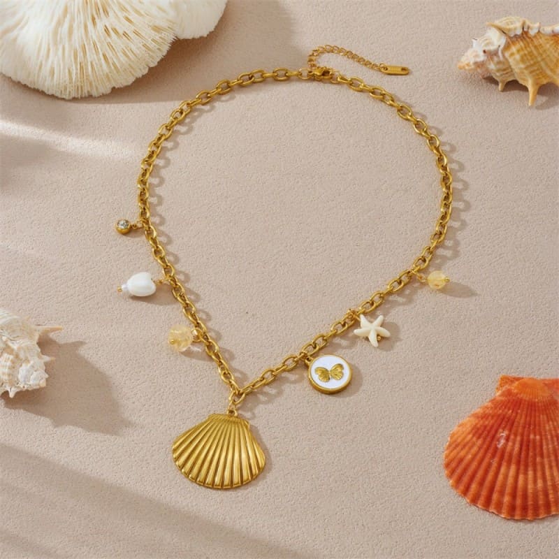Gold Stainless Steel Necklace – Shell, Butterfly & Starfish Pendant
