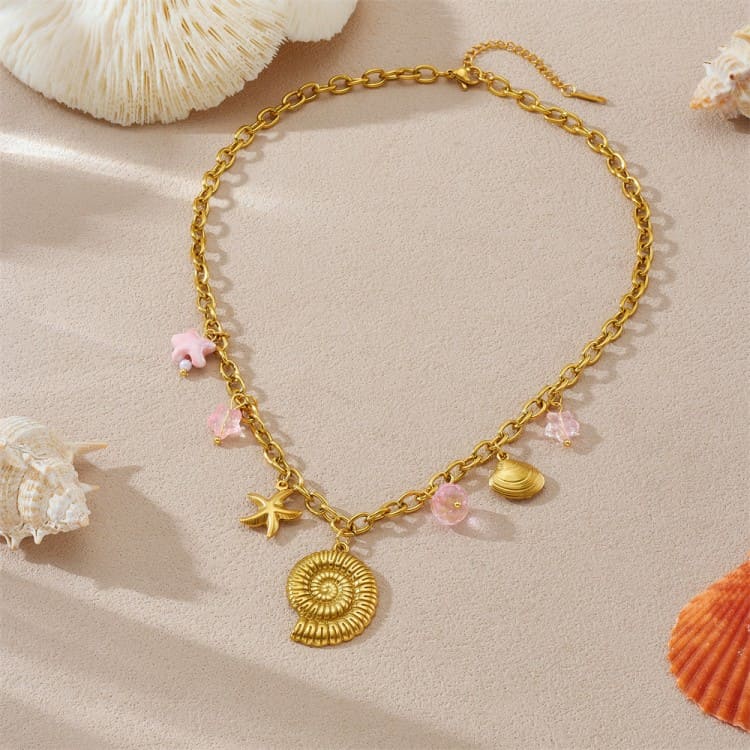 Starfish Charm Necklace – Gold Stainless Steel with Seashell Accents
