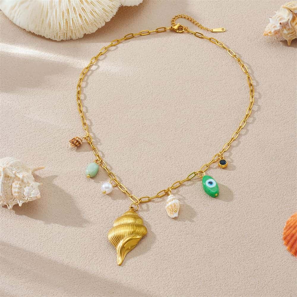 Stackable Gold Necklaces – Green Evil Eye & Shell Pendant