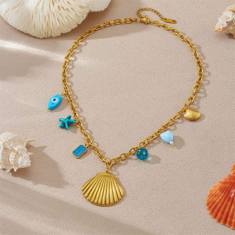 Beach Layering Jewelry – Blue Eye, Shell & Starfish Pendant Necklace