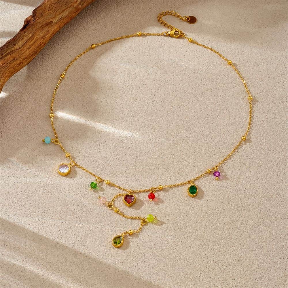 Layered Gold Necklaces – Colorful Gem Heart Y-Pendant Design