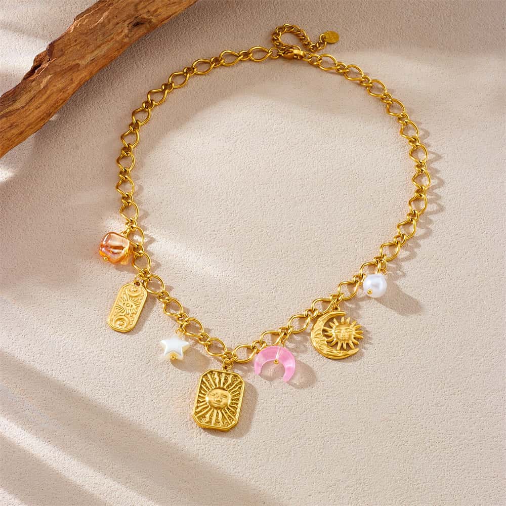 Sun Pendant Necklace with Sun & Moon Relief – Gold Stainless Steel Layering Jewelry