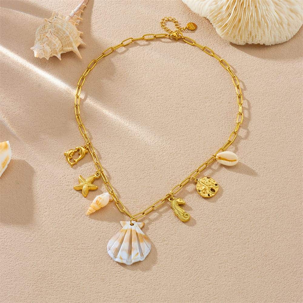 Gold Sea Necklace – Ocean Charm Pendant with Seahorse, Fish, Shell & Starfish