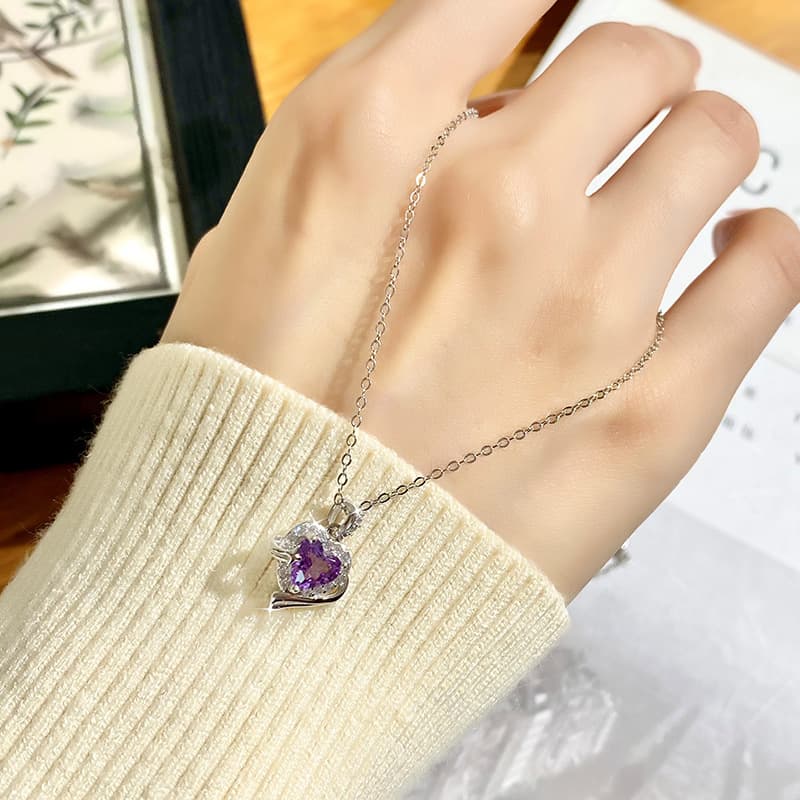 Simple Heart Necklace – S925 Silver with Natural Gemstone Center | Blingku