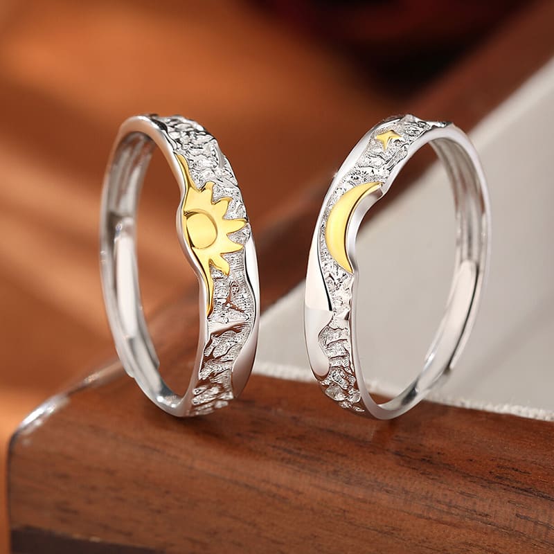 Sun and Moon Matching Rings – 14K Gold Plated Sterling Silver Couple Rings