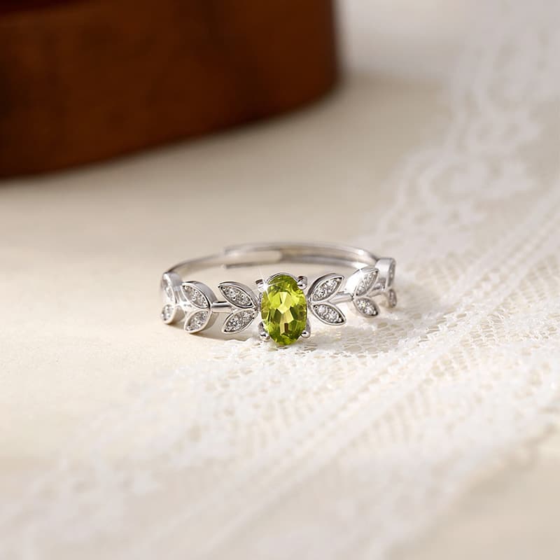 Leaf-Inspired Pigeon Egg Ring – Peridot Promise Ring in Sterling Silver