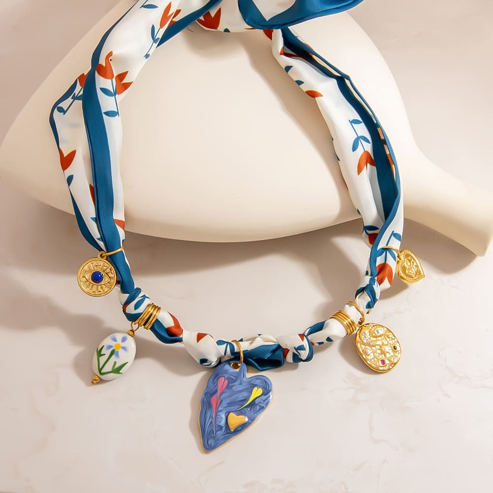 Statement Scarf Necklace – Printed Silk Chain with Heart & Pendant Charms