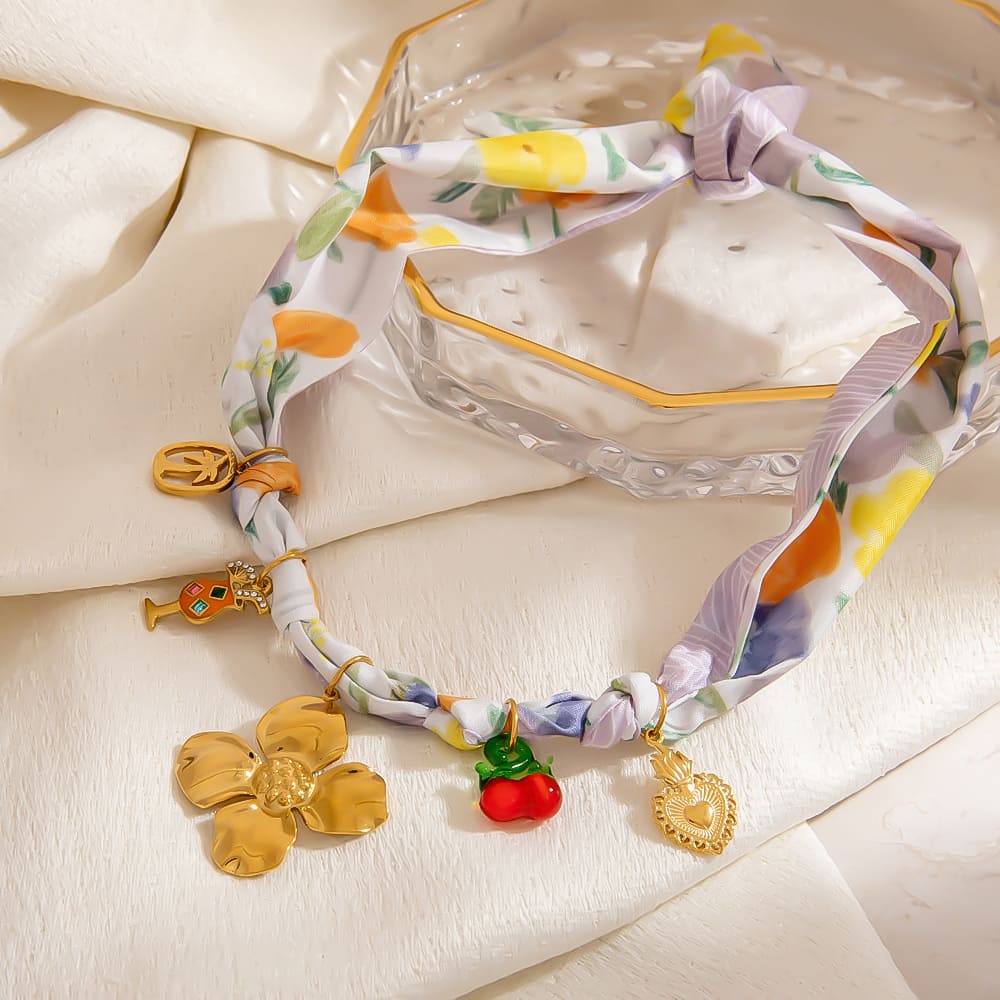Lightweight Scarf Necklace – Tropical Floral & Cocktail Pendant Choker