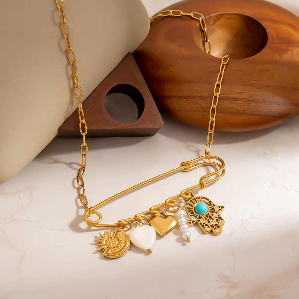 Good Luck Pendant Necklace – Gold Plated Evil Eye, Hand & Pearl Charm