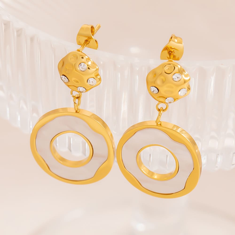 18K Gold Plated Earrings – Minimalist Stainless Steel Drop Hoops with Stone & Acrylic Pendant