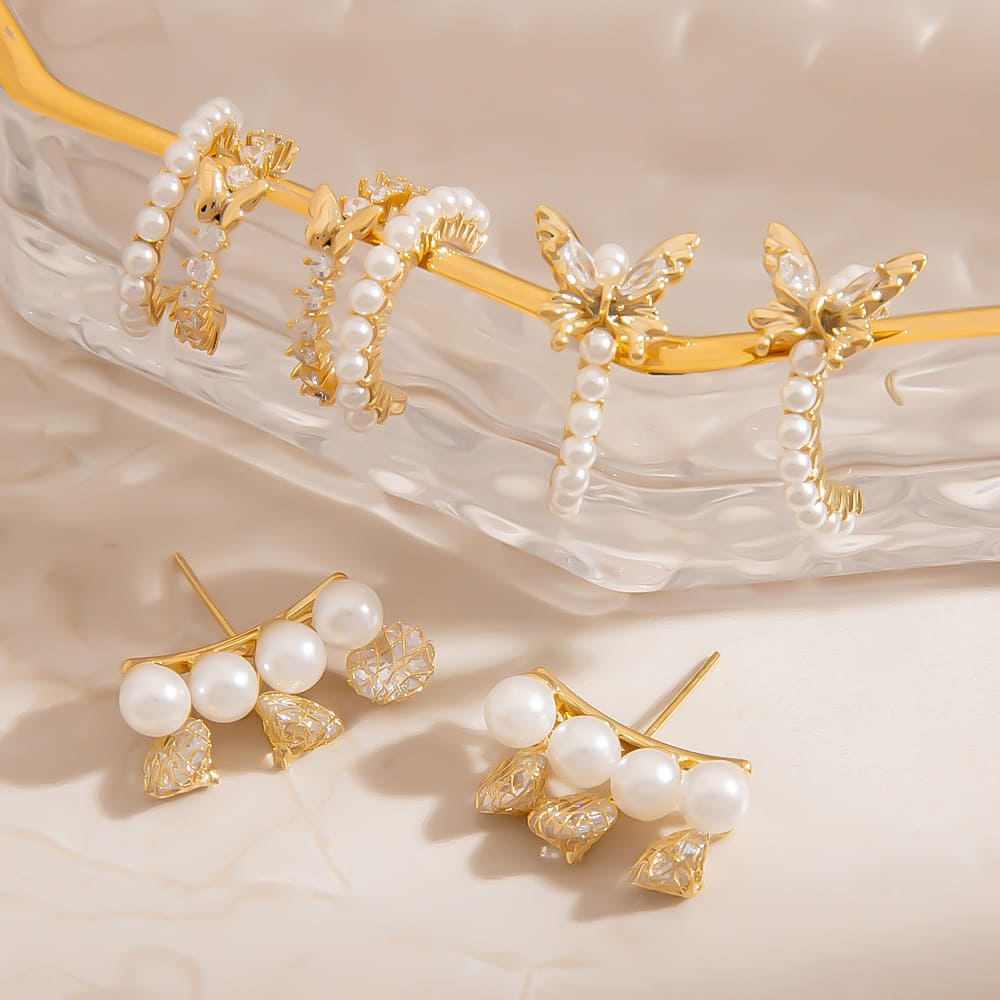 Gold Plated Stud Earrings – 925 Silver Butterfly, Pearl & CZ C-Shape Studs (3 Styles)