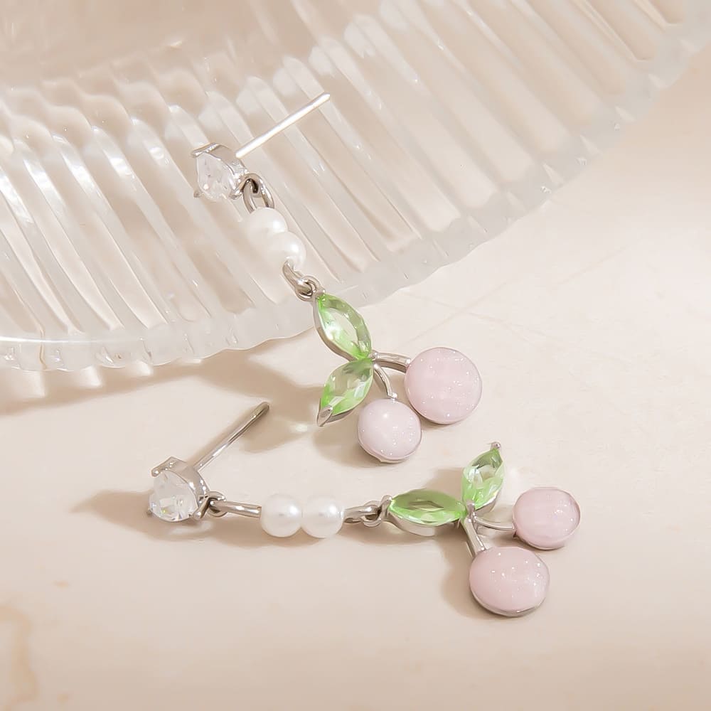 Cherry Earrings – Fresh Fruit-Inspired Pearl Studs with 925 Silver Posts