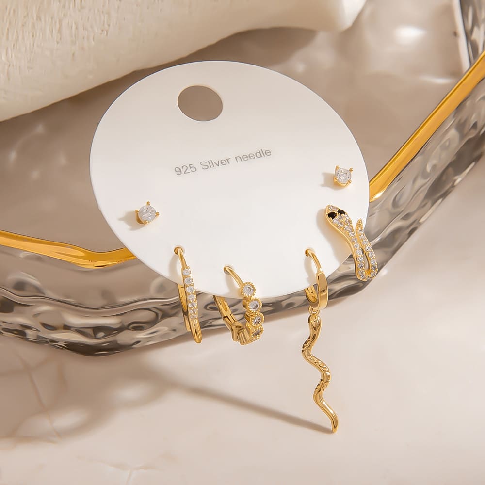 Snake Earrings – Asymmetrical 3-Piece Gold Plated Stud Set with 925 Silver Posts