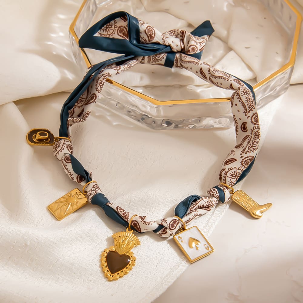 Affordable Bridesmaid Necklace – Printed Scarf Pendant with Heart & Playing Card Charms