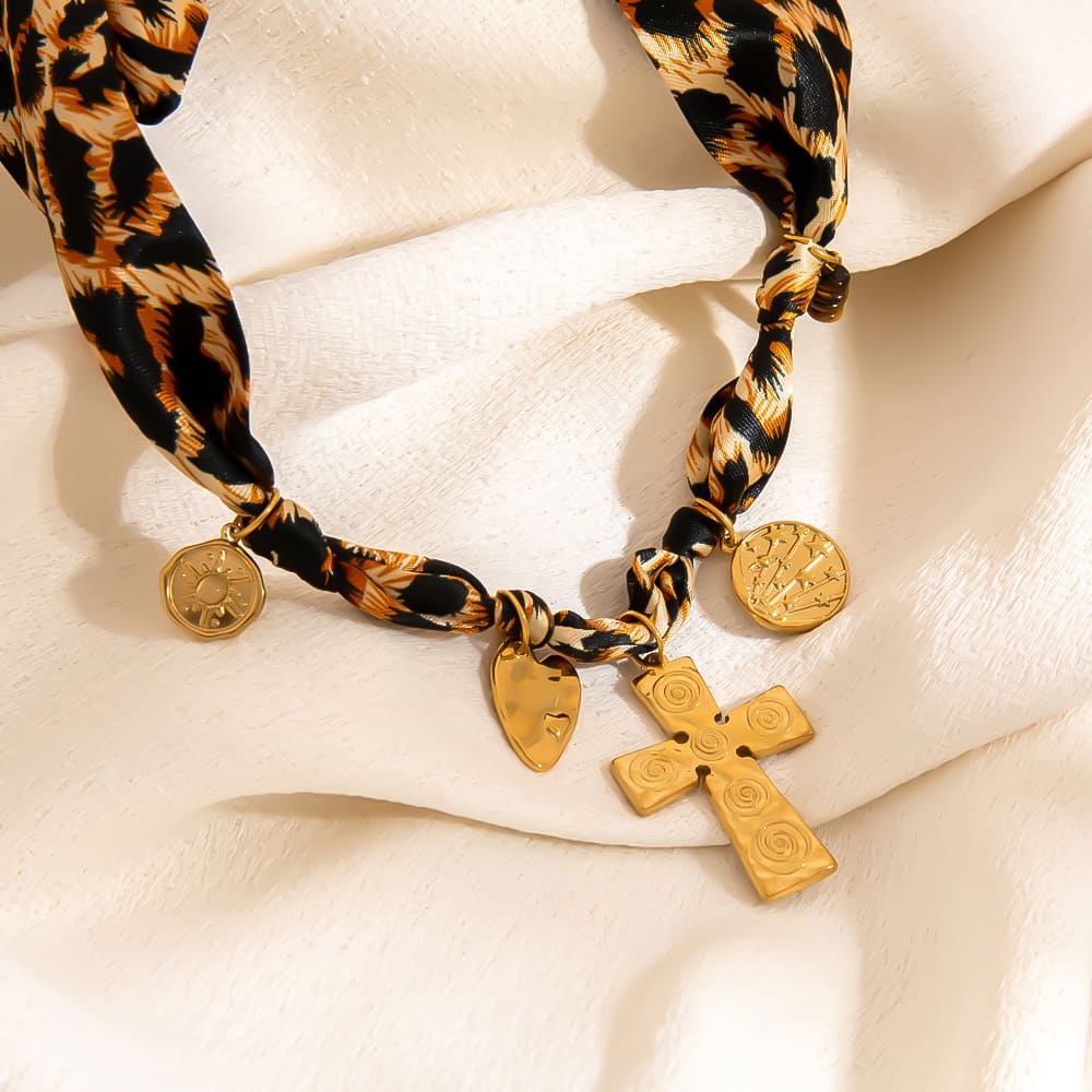 Fashion Scarf Necklace – Leopard Print with Creative Cross Pendant