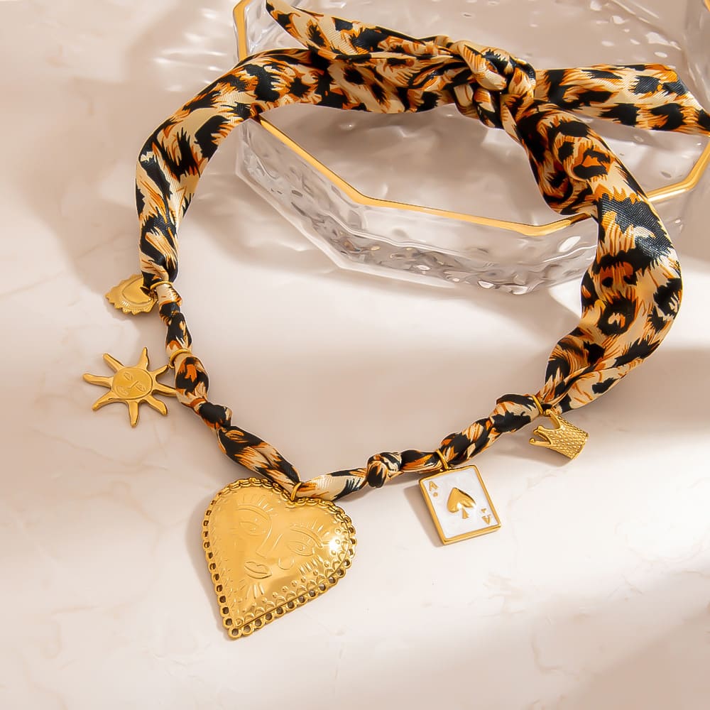 Statement Scarf Necklace – Leopard Print with Heart & Poker Charms