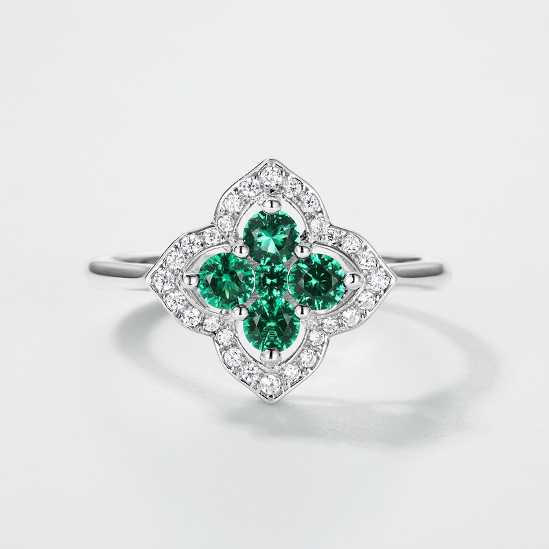 Sterling Silver Engagement Ring – Clover Leaf Lab Created Emerald