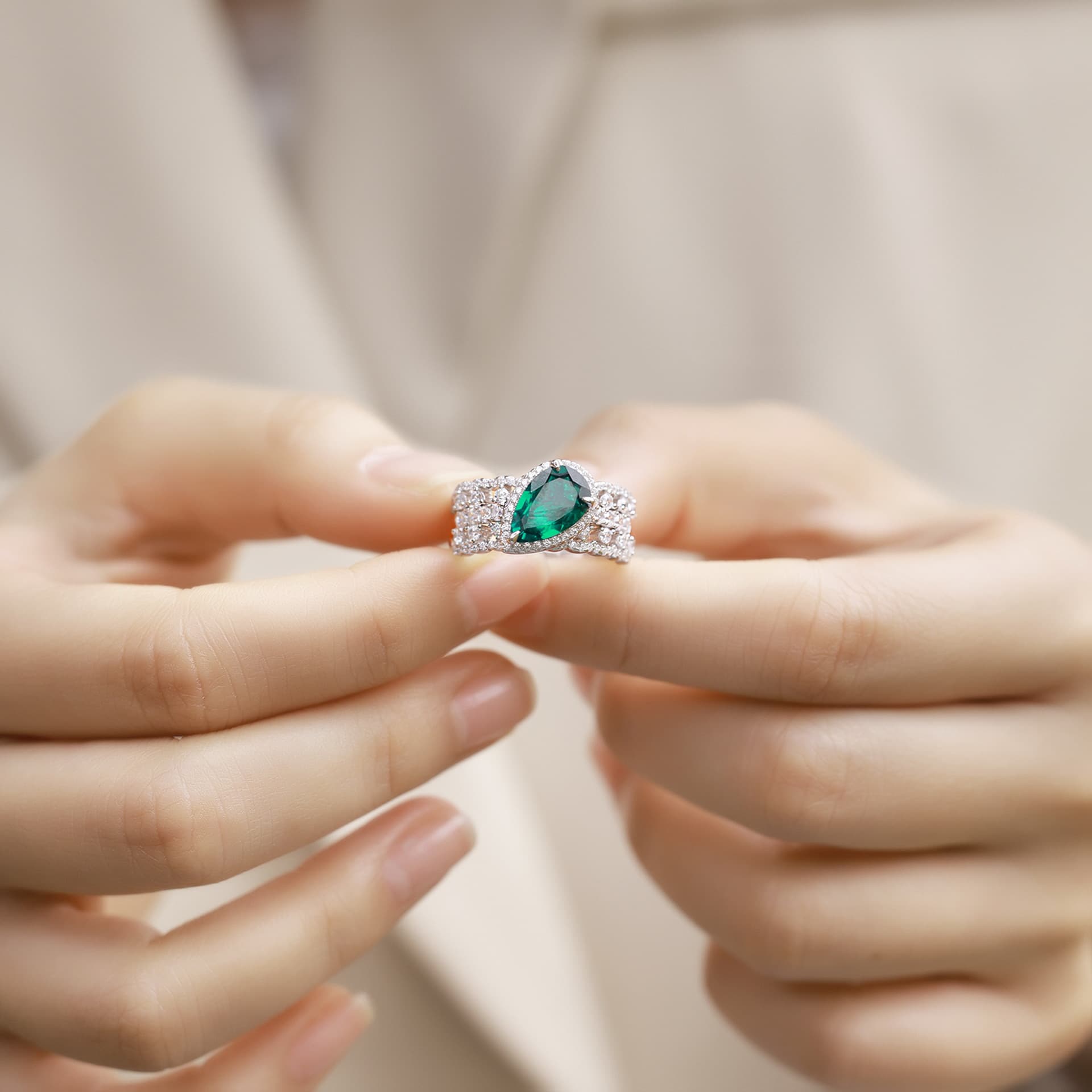 Teardrop Ring – S925 Silver Lab Created Emerald Stacking Jewelry