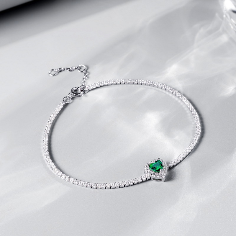 Emerald Bead Bracelet – S925 Silver Heart Lab-Created Emerald Jewelry