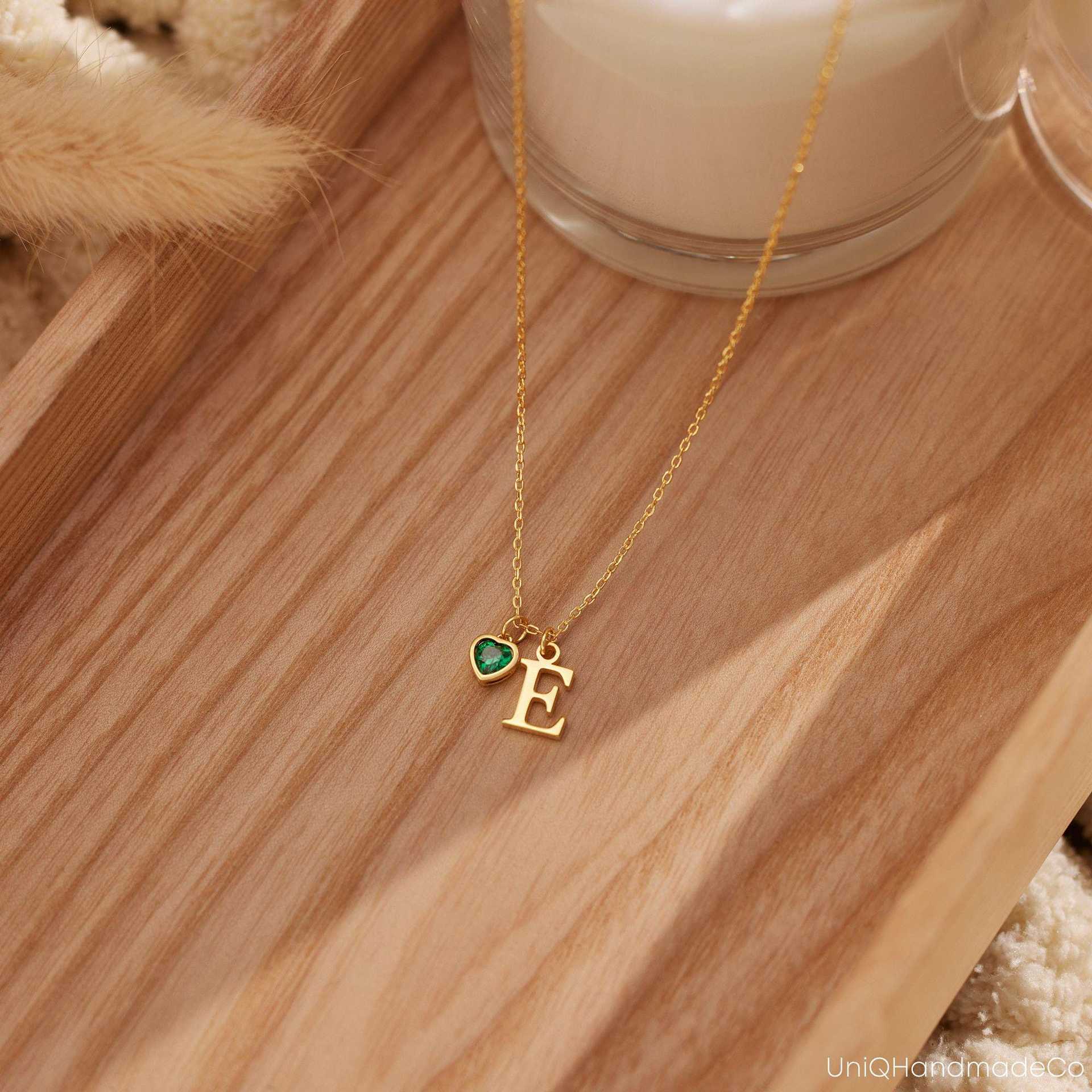 Initial Necklace – Gold Heart Birthstone Alphabet Pendant for Women