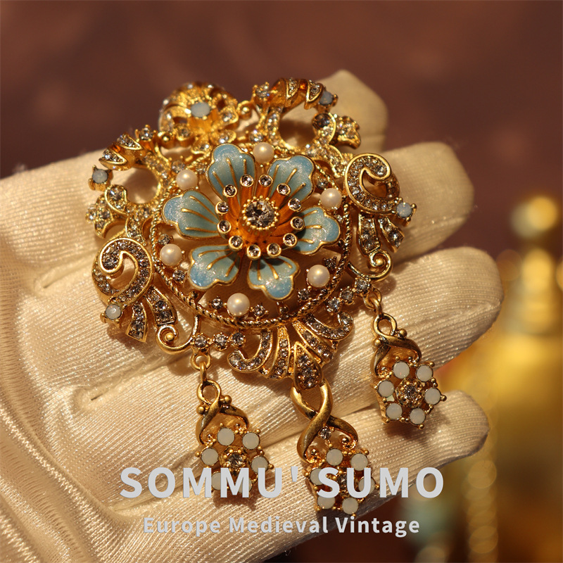 Vintage Brooch – Byzantine Blue Crystal Turquoise Enamel Pearl Pendant Pin