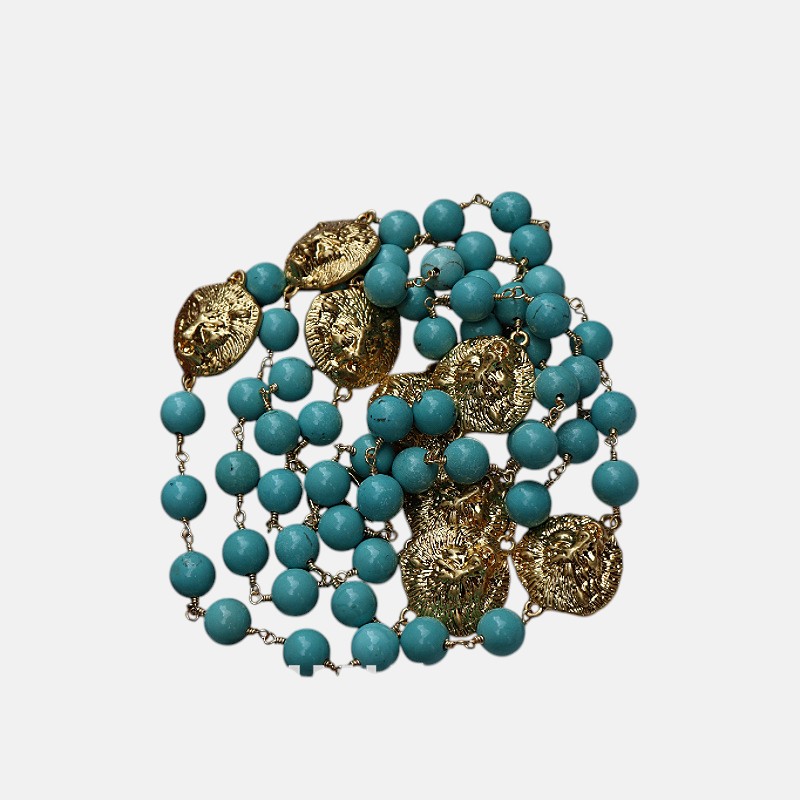 Pendant Necklace – Vintage Double-Sided Lion & Turquoise Long Statement Jewelry