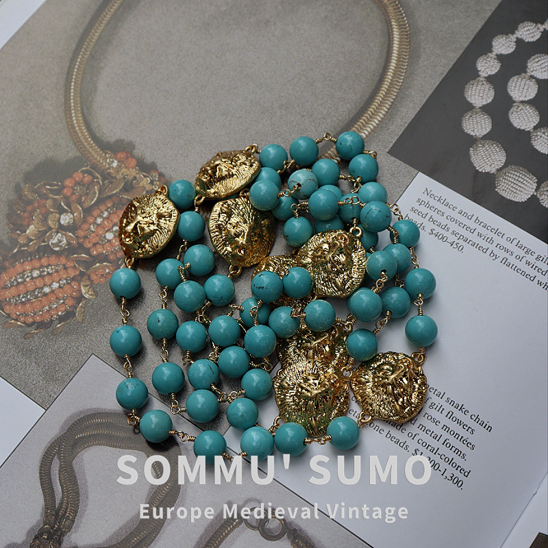 Pendant Necklace – Vintage Double-Sided Lion & Turquoise Long Statement Jewelry